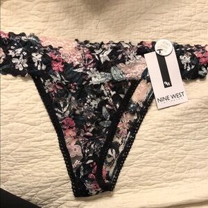 Nine West Black Floral Lace Thong with Pink & Blue Accents